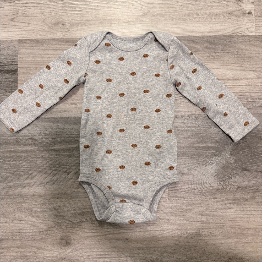 Grey Long-Sleeve Baby One-Piece with Brown Football Dot Print